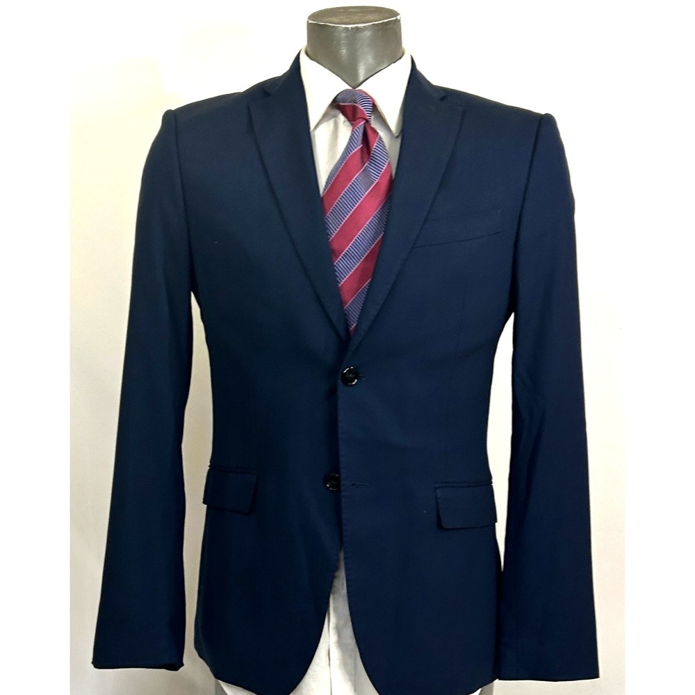 Zara Men's Size 40R Navy Blue 2 Button Poly Viscose Bend Solid Blazer Slim Fit